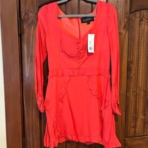Red Ruffled Long Sleeve Mini Dress - Nicole Miller